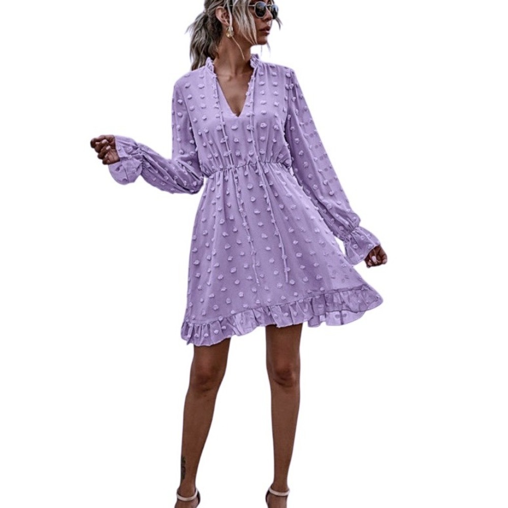 Vine & Love Mini Dress Tiered‎ Babydoll Pom Dot Tie Neck Purple S